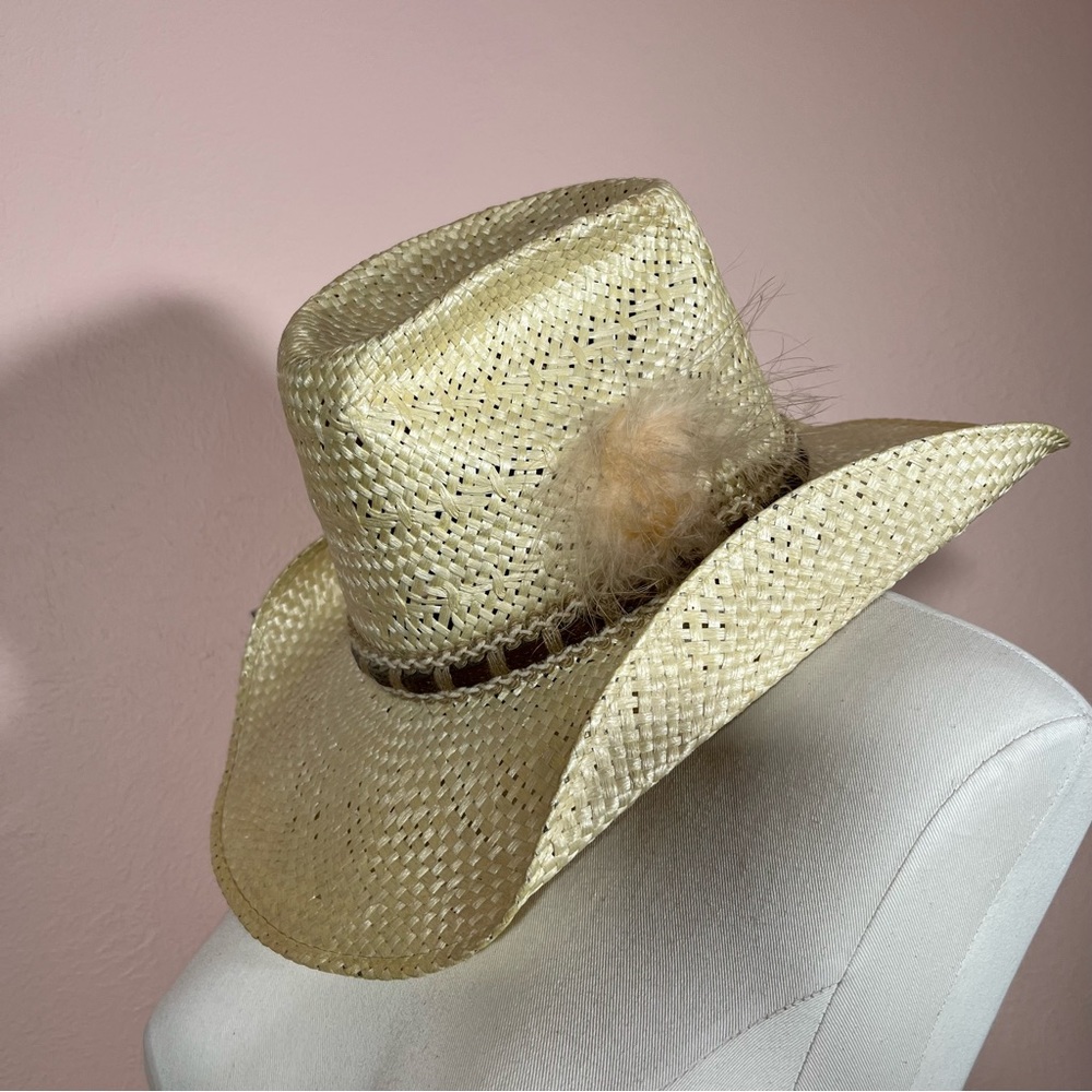 Vintage Cream Straw Hat with Feather Accent